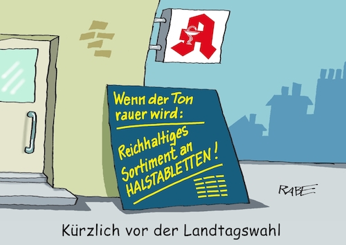 Cartoon: Halsschmerzen (medium) by RABE tagged landtagswahl,thüringen,septemper,cdu,afd,mario,voigt,bernd,höcke,tv,duell,fernsehduell,rabe,ralf,böhme,cartoon,karikatur,pressezeichnung,farbcartoon,tagescartoon,apotheke,angebot,halsschmerzen,halstabletten,ton,agressivität,tonlage,landtagswahl,thüringen,septemper,cdu,afd,mario,voigt,bernd,höcke,tv,duell,fernsehduell,rabe,ralf,böhme,cartoon,karikatur,pressezeichnung,farbcartoon,tagescartoon,apotheke,angebot,halsschmerzen,halstabletten,ton,agressivität,tonlage