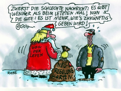 Cartoon: Hartz IV Regelung (medium) by RABE tagged weihnachtsmann,hartz,iv,geschenke,euro,von,der,leyen,schlechte,nachricht,gute,weihnachten,bescherung,geschenkesack,armut,arnutsgrenze,existenzminimum,regelsatz,weihnachtsmann,weihnachten,bescherung,geschenke,geschenkesack,leyen,arbeitsministerin,arbeit,job,hartz