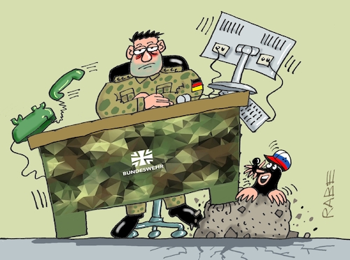 Cartoon: Heer in Schräglage (medium) by RABE tagged bnd,bundesnachrichtendienst,geheimdienst,spion,bond,rabe,ralf,böhme,cartoon,karikatur,pressezeichnung,farbcartoon,tagescartoon,bundeswehr,armee,soldaten,heer,offizier,spionage,russland,maulwurf,maulwurfshügel,schräglage,schreibtisch,geheimagent,bnd,bundesnachrichtendienst,geheimdienst,spion,bond,rabe,ralf,böhme,cartoon,karikatur,pressezeichnung,farbcartoon,tagescartoon,bundeswehr,armee,soldaten,heer,offizier,spionage,russland,maulwurf,maulwurfshügel,schräglage,schreibtisch,geheimagent