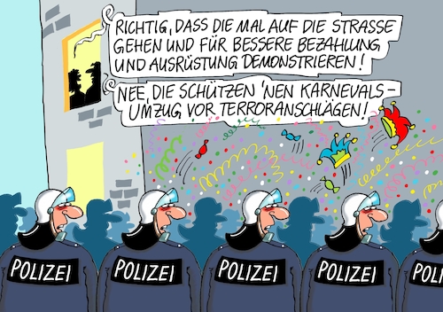 Cartoon: Helau (medium) by RABE tagged polizei,polizeischutz,ausrüstung,gehalt,streik,demo,gewerkschaften,polizeigewerkschaft,innenminister,schutzwesten,schlagstöcke,sondereinheit,rabe,ralf,böhme,cartoon,karikatur,pressezeichnung,farbcartoon,tagescartoon,karneval,fasching,karnevalsumzug,rosenmontagsumzug,narren,karnevalisten,straßenkarneval,terroristen,anschläge,islamisten,attentäter,sprengstoffgürtel,polizei,polizeischutz,ausrüstung,gehalt,streik,demo,gewerkschaften,polizeigewerkschaft,innenminister,schutzwesten,schlagstöcke,sondereinheit,rabe,ralf,böhme,cartoon,karikatur,pressezeichnung,farbcartoon,tagescartoon,karneval,fasching,karnevalsumzug,rosenmontagsumzug,narren,karnevalisten,straßenkarneval,terroristen,anschläge,islamisten,attentäter,sprengstoffgürtel