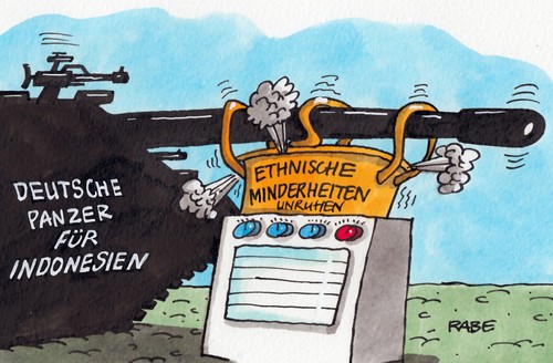 Cartoon: Herd mit Topf (medium) by RABE tagged indonesien,panzerlieferung,bundesregierung,verteidigungsminister,merkel,kanzlerin,cdu,waffenlieferung,rüstungsindustrie,waffenexport,opposition,oppositionelle,rabe,ralf,böhme,cartoon,karikatur,pressezeichnung,minderheiten,ethnisch,panzer,leopard,waffengeschäfte,waffebdeal,herd,kochtopf,kochen,panzerrohr,herdplatte,heiß,hitze,aufständische,export,ausfuhrgenehminung,schützenpanzer,marder,rüstungskreise,bundeswehr,puma,niederschlagung,kampfpanzer,pionierpanzer,katar,indonesien,panzerlieferung,bundesregierung,verteidigungsminister,merkel,kanzlerin,cdu,waffenlieferung,rüstungsindustrie,waffenexport,opposition,oppositionelle,rabe,ralf,böhme,cartoon,karikatur,pressezeichnung,minderheiten,ethnisch,panzer,leopard,waffengeschäfte,waffebdeal,herd,kochtopf,kochen,panzerrohr,herdplatte,heiß,hitze,aufständische,export,ausfuhrgenehminung,schützenpanzer,marder,rüstungskreise,bundeswehr,puma,niederschlagung,kampfpanzer,pionierpanzer,katar