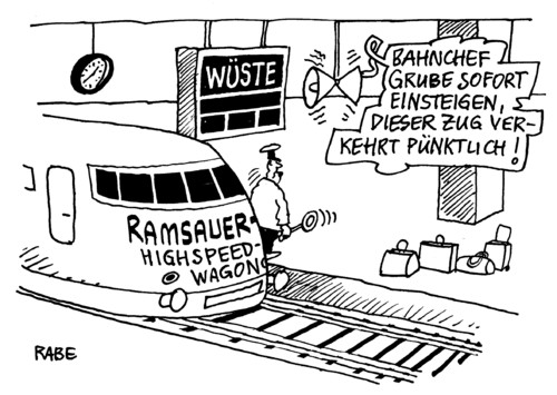 Cartoon: Highspeedwagon (medium) by RABE tagged ramsauer,bahn,grube,euro,verkehrsminister,schienen,verspätung,kritik,bahnprobleme,fahrplan,servicepoint,ice,ramsauer,verkehrsminister,bahn,wirtschaftlichkeit,highspeed,fahrplan,fahrgäste,bahnhof,verpätung,winter,winterchaos,grube,bahnchef