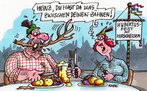 Cartoon: Hirschessen (medium) by RABE tagged wild,hirsch,reh,geweih,zehnender,essen,gastronomie,hirschessen,rabe,ralf,böhme,cartoon,karikatur,pressezeichnung,farbcartoon,zähne,zahnlücke,zahnstocher,gebiss,kauleiste,mund,teller,braten,klösse,rotkraut,rotkohl,jagd,hubertus,hubertusfest,jäger,ehepaar,mann,frau,feier,rotwild,schwarzwild,forst,jägerlatein,wild,hirsch,reh,geweih,zehnender,essen,gastronomie,hirschessen,rabe,ralf,böhme,cartoon,karikatur,pressezeichnung,farbcartoon,zähne,zahnlücke,zahnstocher,gebiss,kauleiste,mund,teller,braten,klösse,rotkraut,rotkohl,jagd,hubertus,hubertusfest,jäger,ehepaar,mann,frau,feier,rotwild,schwarzwild,forst,jägerlatein