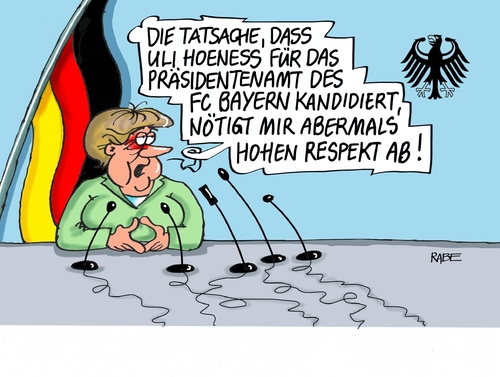 Cartoon: Hoeneßkandidatur (medium) by RABE tagged fc,bayern,münchen,uli,hoeneß,haftentlassung,präsidentenamt,kandidatur,rabe,ralf,böhme,cartoon,karikatur,pressezeichnung,farbcartoon,tagescartoon,fußball,merkel,kanzlerin,respekt,fc,bayern,münchen,uli,hoeneß,haftentlassung,präsidentenamt,kandidatur,rabe,ralf,böhme,cartoon,karikatur,pressezeichnung,farbcartoon,tagescartoon,fußball,merkel,kanzlerin,respekt