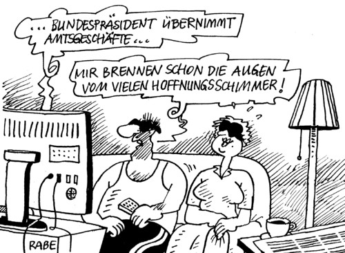 Cartoon: Hoffnungschimmereien (medium) by RABE tagged gauck,amtsgeschäfte,bundespräsident,staatsoberhaupt,bürgerrechtler,bellevue,berlin,deutschland,präsidentenamt,bundespräsidentenwahl,amtseid,amtsantritt,hoffnung,hoffnungsschimmer,schimmer,brennen,augen,sonnenbrille,ehepaar,mann,frau,couch,fernseher,tv,stehlampe,pfarrer,gauck,bundespräsident,amtsgeschäfte,bürgerrechtler,bellevue,berlin