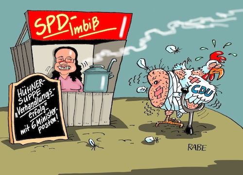 Cartoon: Hühnerklein (medium) by RABE tagged sonderparteitag,spd,martin,schulz,ja,groko,koalitionsverhandlungen,rabe,ralf,böhme,cartoon,karikatur,pressezeichnung,farbcartoon,tagescartoon,merkel,union,koalitionsgespräche,nahles,ministerposten,cdu,huhn,federn,hühnerklein,hühnersuppe,neuwahlen,aussenminister,jusos,basis,mitgliederbefragung,imbiß,sondierungspapiere,sonderparteitag,spd,martin,schulz,ja,groko,koalitionsverhandlungen,rabe,ralf,böhme,cartoon,karikatur,pressezeichnung,farbcartoon,tagescartoon,merkel,union,koalitionsgespräche,nahles,ministerposten,cdu,huhn,federn,hühnerklein,hühnersuppe,neuwahlen,aussenminister,jusos,basis,mitgliederbefragung,imbiß,sondierungspapiere