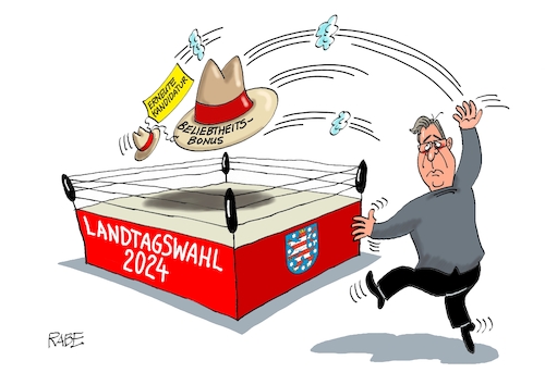 Cartoon: Hutwurf (medium) by RABE tagged landtagswahl,nrw,wüst,kutschaty,cdu,spd,nordrheinwestfalen,nordrhein,westfalen,rabe,ralf,böhme,cartoon,karikatur,pressezeichnung,farbcartoon,tagescartoon,wähler,wahlurne,thüringen,erfurt,bodo,ramelow,kandidatur,hut,ring,beliebtheitsbonus,boxring,seile,landtagswahl,nrw,wüst,kutschaty,cdu,spd,nordrheinwestfalen,nordrhein,westfalen,rabe,ralf,böhme,cartoon,karikatur,pressezeichnung,farbcartoon,tagescartoon,wähler,wahlurne,thüringen,erfurt,bodo,ramelow,kandidatur,hut,ring,beliebtheitsbonus,boxring,seile