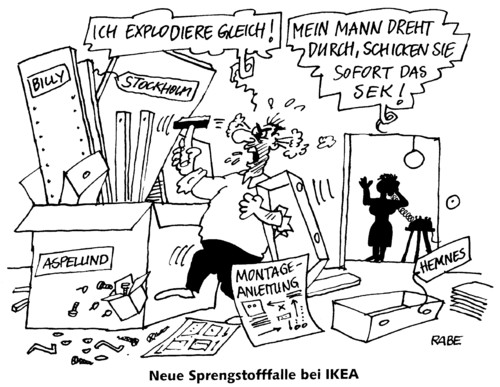 Cartoon: Ikeamurks (medium) by RABE tagged ikea,filiale,sprengstoffanschlag,sprengstofffalle,attentat,terror,terroristen,deutschland,möbel,schweden,billy,hemnes,stockholm,aspelund,montageanleitun,aufbauanleitung,werkzeug,zubehör,ehepaar,mann,frau,sek,sicherheit,innenminister,cdu,bundesregierung,sondereinsatzkommando,innenpolitik,euro,krise,ikea,filiale,sprengstofffalle,attentat,terror,deutschland,möbel