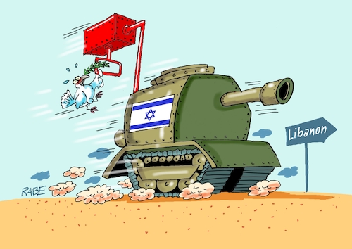 Cartoon: Israel Libanon (medium) by RABE tagged israel,palästina,palästinenser,iran,flächenbrand,drohnenangriff,eskalation,rabe,ralf,böhme,cartoon,karikatur,pressezeichnung,farbcartoon,tagescartoon,feuerlöscher,feuerwehr,hydrant,flammen,öl,oel,bodenoffensive,libanon,friedenstaube,panzer,notbremse,israel,palästina,palästinenser,iran,flächenbrand,drohnenangriff,eskalation,rabe,ralf,böhme,cartoon,karikatur,pressezeichnung,farbcartoon,tagescartoon,feuerlöscher,feuerwehr,hydrant,flammen,öl,oel,bodenoffensive,libanon,friedenstaube,panzer,notbremse