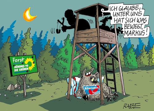 Cartoon: Jagdfieber (medium) by RABE tagged bayern,söder,ministerpräsident,csu,münchen,landtagswahl,rabe,ralf,böhme,cartoon,karikatur,pressezeichnung,farbcartoon,tagescartoon,kanzler,kanzlerkandidat,kanzlerkandidatur,kanzleramt,verzicht,absage,hochsitz,jäger,jagd,afd,rechte,grüne,katapult,steinschleuder,wildschwein,bache,bayern,söder,ministerpräsident,csu,münchen,landtagswahl,rabe,ralf,böhme,cartoon,karikatur,pressezeichnung,farbcartoon,tagescartoon,kanzler,kanzlerkandidat,kanzlerkandidatur,kanzleramt,verzicht,absage,hochsitz,jäger,jagd,afd,rechte,grüne,katapult,steinschleuder,wildschwein,bache