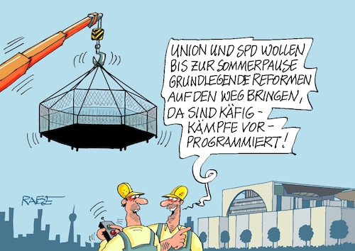 Cartoon: Käfigkämpfe (medium) by RABE tagged merz,kanzler,koalition,union,spd,klingbeil,cartoon,karikatur,pressezeichnung,farbcartoon,tagescartoon,db,bahn,frühling,frühjahr,frühjahrsputz,ice,zug,blumenkasten,blumenkästen,esc,songcontest,käfig,käfigkämpfe,kran,kanzleramt,sommerpause,reformen,reformpaket,rente,arbeitszeit,trump,merz,kanzler,koalition,union,spd,klingbeil,cartoon,karikatur,pressezeichnung,farbcartoon,tagescartoon,db,bahn,frühling,frühjahr,frühjahrsputz,ice,zug,blumenkasten,blumenkästen,esc,songcontest,käfig,käfigkämpfe,kran,kanzleramt,sommerpause,reformen,reformpaket,rente,arbeitszeit,trump