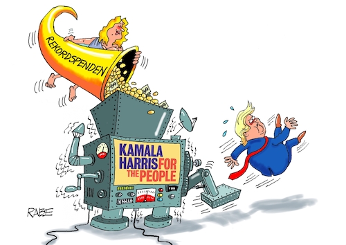 Cartoon: Kamala Maschinerie (medium) by RABE tagged trump,biden,usa,vorwahlen,präsidentschaftswahl,rabe,ralf,böhme,cartoon,karikatur,pressezeichnung,farbcartoon,tagescartoon,hai,haifisch,floss,floß,nato,untergang,bedrohung,rückzug,kamala,harris,fortuna,füllhorn,glücksgöttin,rekordspende,dollar,maschine,automat,fußtritt,arschtritt,donald,trump,biden,usa,vorwahlen,präsidentschaftswahl,rabe,ralf,böhme,cartoon,karikatur,pressezeichnung,farbcartoon,tagescartoon,hai,haifisch,floss,floß,nato,untergang,bedrohung,rückzug,kamala,harris,fortuna,füllhorn,glücksgöttin,rekordspende,dollar,maschine,automat,fußtritt,arschtritt,donald