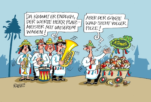 Cartoon: Kirmesständchen (medium) by RABE tagged pilz,pilze,pilsaison,pilzsucher,korb,messer,pilzbuch,rabe,ralf,böhme,cartoon,karikatur,pressezeichnung,farbcartoon,pilzberatung,pilzarten,champignon,rasen,wald,kirmes,kirmesgesellschaft,kirmesburschen,ständchenbringen,platzmeister,pilz,pilze,pilsaison,pilzsucher,korb,messer,pilzbuch,rabe,ralf,böhme,cartoon,karikatur,pressezeichnung,farbcartoon,pilzberatung,pilzarten,champignon,rasen,wald,kirmes,kirmesgesellschaft,kirmesburschen,ständchenbringen,platzmeister