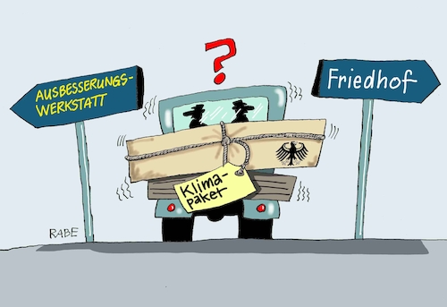 Cartoon: Klimanachbesserung (medium) by RABE tagged klimawandel,umwelt,umweltministerin,schulze,sp,klimapreis,heizung,auto,rabe,ralf,böhme,cartoon,karikatur,pressezeichnung,farbcartoon,tagescartoon,brücke,bettler,verkehr,klimaprämie,friday,for,future,bundesrat,klimapaket,nachbesserung,ausbesserung,friedhof,klimawandel,umwelt,umweltministerin,schulze,sp,klimapreis,heizung,auto,rabe,ralf,böhme,cartoon,karikatur,pressezeichnung,farbcartoon,tagescartoon,brücke,bettler,verkehr,klimaprämie,friday,for,future,bundesrat,klimapaket,nachbesserung,ausbesserung,friedhof