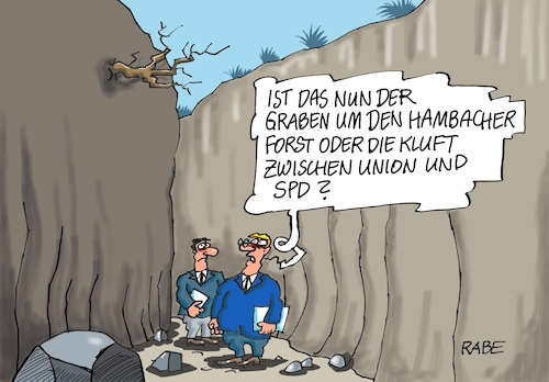 Cartoon: Kluftiges (medium) by RABE tagged kluft,graben,hambacher,forst,rwe,baumhäuser,abrodung,rabe,ralf,böhme,cartoon,karikatur,pressezeichnung,farbcartoon,tagescartoon,union,spd,grüne,groko,einheit,feiertag,schlucht,jammertal,kluft,graben,hambacher,forst,rwe,baumhäuser,abrodung,rabe,ralf,böhme,cartoon,karikatur,pressezeichnung,farbcartoon,tagescartoon,union,spd,grüne,groko,einheit,feiertag,schlucht,jammertal