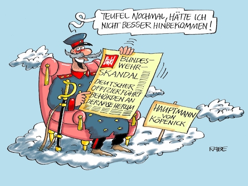 Cartoon: Köpenick (medium) by RABE tagged hauptmann,köpenick,behörden,nase,herumführen,berlin,bamf,bundeswehr,ursula,uschi,von,der,leyen,bundeswehroffizier,rabe,ralf,böhme,cartoon,karikatur,pressezeichnung,farbcartoon,tagescartoon,verarschung,syrer,anschlag,rechtsradikal,wehrbeauftragter,führung,führungsschwäche,skandal,wolke,himmel,hauptmann,köpenick,behörden,nase,herumführen,berlin,bamf,bundeswehr,ursula,uschi,von,der,leyen,bundeswehroffizier,rabe,ralf,böhme,cartoon,karikatur,pressezeichnung,farbcartoon,tagescartoon,verarschung,syrer,anschlag,rechtsradikal,wehrbeauftragter,führung,führungsschwäche,skandal,wolke,himmel