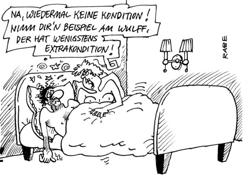 Cartoon: Konditionsschwäche (medium) by RABE tagged wulff,bundespräsident,staatsoberhaupt,cdu,bundesrepublik,deutschland,ministerpräsident,geerkens,kredit,privatkredit,kondition,zinsen,florida,urlaub,maschmayer,konditionsschwäche,bett,schlafzimmer,pärchen,mann,frau,beischlaf,geschlechtsverkehr,bettdecke,wulff,bundespräsident