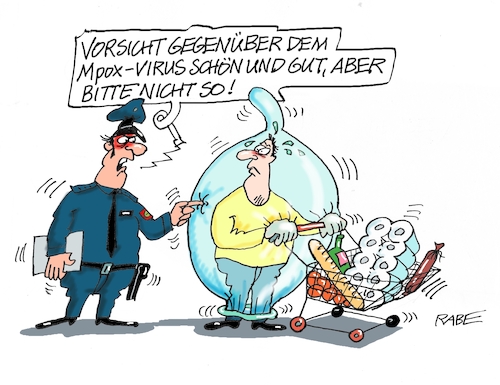 Cartoon: Kondomschutz (medium) by RABE tagged corona,virus,mpox,virologe,ansteckung,übertragung,cartoon,karikatur,pressezeichnung,farbcartoon,tagescartoon,patient,viruserkrankung,infektion,rki,notbremse,kondom,polizist,einkaufswagen,korbwagen,corona,virus,mpox,virologe,ansteckung,übertragung,cartoon,karikatur,pressezeichnung,farbcartoon,tagescartoon,patient,viruserkrankung,infektion,rki,notbremse,kondom,polizist,einkaufswagen,korbwagen