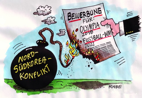 Cartoon: Konflikt Nordkorea (medium) by RABE tagged konflikt,nordkorea,südkorea,militär,krieg,brandherd,olympiade,füßball,wm,feuer,lunte,bombe,konflikt,nordkorea,südkorea,militär,krieg,brandherd,olympiade,füßball,wm,feuer,lunte,bombe