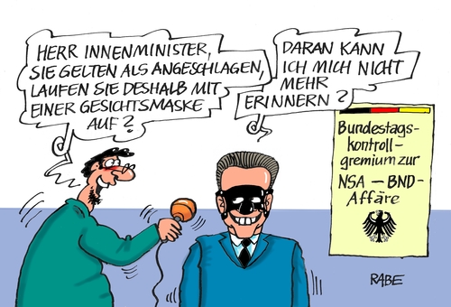 Cartoon: Kontrollausschuss (medium) by RABE tagged nsa,bnd,affäre,untersuchungsausschuss,kontrollausschuss,bundestag,innenminister,lothar,demaiziere,spionageaffäre,rabe,ralf,böhme,cartoon,tagescartoon,pressezeichnung,farbcartoon,maske,gesichtsmaske,lebandowski,kieferbruch,fussball,bayern,münchen,fc,barcelona,nsa,bnd,affäre,untersuchungsausschuss,kontrollausschuss,bundestag,innenminister,lothar,demaiziere,spionageaffäre,rabe,ralf,böhme,cartoon,tagescartoon,pressezeichnung,farbcartoon,maske,gesichtsmaske,lebandowski,kieferbruch,fussball,bayern,münchen,fc,barcelona