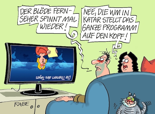 Cartoon: Kopfstand (medium) by RABE tagged katar,fußball,wm,weltmeisterschaft,wüstenstaat,menscherechte,fußballstadien,rabe,ralf,böhme,cartoon,karikatur,pressezeichnung,farbcartoon,tagescartoon,boykott,fußballer,deutschland,eröffnungsspiel,tv,fernseher,fernsehprogramm,kopf,kopfstand,sport,sportnachrichten,tagesthemen,nachrichten,sprecherin,fifa,korruption,katar,fußball,wm,weltmeisterschaft,wüstenstaat,menscherechte,fußballstadien,rabe,ralf,böhme,cartoon,karikatur,pressezeichnung,farbcartoon,tagescartoon,boykott,fußballer,deutschland,eröffnungsspiel,tv,fernseher,fernsehprogramm,kopf,kopfstand,sport,sportnachrichten,tagesthemen,nachrichten,sprecherin,fifa,korruption