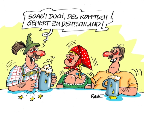 Cartoon: Kopftuch (medium) by RABE tagged kopftuch,schule,lehrerinnen,muslime,islam,glauben,religion,raberalf,böhme,cartoon,karikatur,pressezeichnung,farbcartoon,tagescartoon,deutsche,bayern,tradition,sepp,resi,kopftuch,schule,lehrerinnen,muslime,islam,glauben,religion,raberalf,böhme,cartoon,karikatur,pressezeichnung,farbcartoon,tagescartoon,deutsche,bayern,tradition,sepp,resi