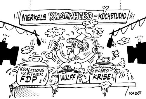 Cartoon: Krisenherd (medium) by RABE tagged kanzlerin,merkel,cdu,sarkozy,deutschland,frankreich,euro,eu,eurokrise,schuldenkrise,wulff,bundespräsident,staatsoberhaupt,transparenz,privatkredit,diekmann,bildzeitung,fdp,liberale,koalition,koalitionspartner,schwarzgelb,rösler,brüderle,kochstudio,herd,herdplatte,krisenherd,töpfe,kochtöpfe,kochshow,rührlöffel,löffel,qualm,gestank,hektik,kochmütze,gericht,mahlzeit,essen,suppe,brühe,pampe,brei,merkel,sarkozy,deutschland,frankreich,eu,euro,eurokrise,schuldenkrise