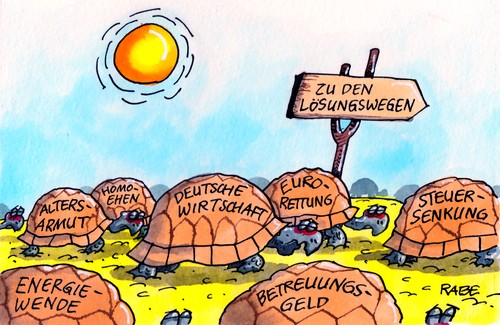 Cartoon: Krötenwanderung (medium) by RABE tagged steuersenkung,energiewende,atomausstieg,altersarmut,rent,rentenalter,rentner,homo,homoehen,heirat,gleichgeschlechtig,homosexuelle,wirtschaft,wirtschaftswachstum,aufschwung,konjunktur,lösungen,lösungswege,deutschland,berlin,kanzleramt,kanzlerin,merkel,cdu,bundesregierung,betreuungsgeld,herdprämie,eltern,erzieherinnen,kita,steuerzahler,steuern,finanzamt,schäuble,finanzminister,euro,eurokrise,schuldenkrise,rettungsschirm,fiskalpakt,eu,brüssel,euroländer,griechenland,eurobond,wüste,schildkröten,echsen,schildkrötenpanzer,wegweiser,steuersenkung,energiewende,atomausstieg,altersarmut,rent,rentner