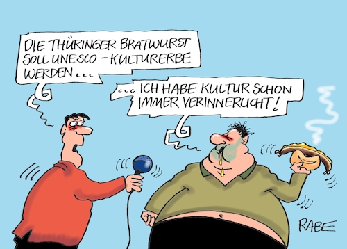 Cartoon: Kulturerbe (medium) by RABE tagged unesco,kulturerbe,weltkulturerbe,kultur,bratwurst,thüringen,rabe,ralf,böhme,cartoon,karikatur,pressezeichnung,farbcartoon,tagescartoon,fett,dicker,semmel,brötchen,roster,senf,unesco,kulturerbe,weltkulturerbe,kultur,bratwurst,thüringen,rabe,ralf,böhme,cartoon,karikatur,pressezeichnung,farbcartoon,tagescartoon,fett,dicker,semmel,brötchen,roster,senf