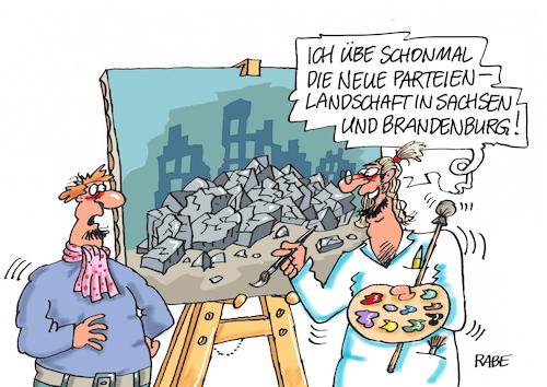 Cartoon: Landschaftsmalerei (medium) by RABE tagged landtagswahlen,sachsen,brandenburg,thüringen,wahlsonntag,wähler,parteienlandschaft,landschaftsmaler,kretschmer,rabe,ralf,böhme,cartoon,karikatur,presssezeichnung,farbcartoon,tagescartoon,ramelow,rechte,afd,linke,grüne,spd,cdu,wahlausgang,lawine,ministerpräsidenten,landtagswahlen,sachsen,brandenburg,thüringen,wahlsonntag,wähler,parteienlandschaft,landschaftsmaler,kretschmer,rabe,ralf,böhme,cartoon,karikatur,presssezeichnung,farbcartoon,tagescartoon,ramelow,rechte,afd,linke,grüne,spd,cdu,wahlausgang,lawine,ministerpräsidenten