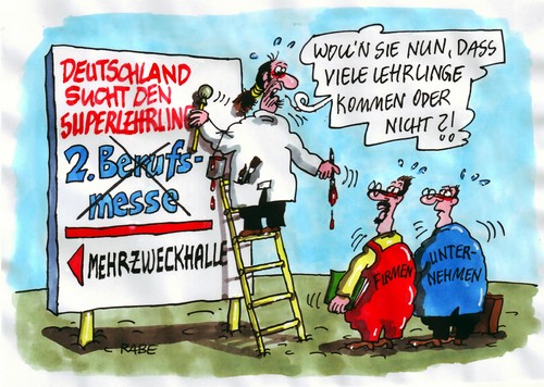 Cartoon: Lehrstellenmarkt (medium) by RABE tagged beruf,lehre,ausbildung,job,arbeitsplatz,lehring,azubi,berufsschule,berufsausbildung,superlehrling,superstar,berufsmesse,messe,firmen,unternehmen,bertiebe,einstellung,einstellungsgespräch,lehrstellenmarkt,lehrstellensuche,lehrlingssuche,beruf,arbeitsplatz,lehring,azubi,arbei,job,berufsausbildung,berufsschule