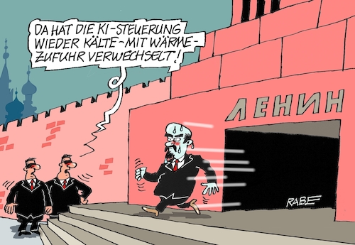 Cartoon: Lenin schwitzt (medium) by RABE tagged merz,kanzler,koalition,union,spd,klingbeil,cartoon,karikatur,pressezeichnung,farbcartoon,tagescartoon,db,bahn,frühling,frühjahr,frühjahrsputz,ice,zug,blumenkasten,blumenkästen,esc,songcontest,russland,moskau,putin,lenin,mausoleum,ki,technik,roboter,pc,computer,netz,chatgpt,lens,gemini,käte,hitze,kühlsystem,merz,kanzler,koalition,union,spd,klingbeil,cartoon,karikatur,pressezeichnung,farbcartoon,tagescartoon,db,bahn,frühling,frühjahr,frühjahrsputz,ice,zug,blumenkasten,blumenkästen,esc,songcontest,russland,moskau,putin,lenin,mausoleum,ki,technik,roboter,pc,computer,netz,chatgpt,lens,gemini,käte,hitze,kühlsystem