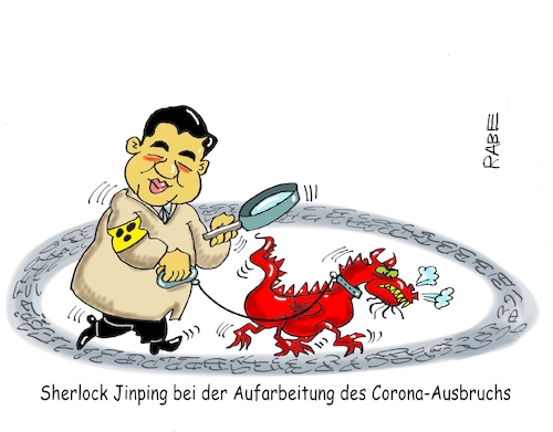 Cartoon: Licht ins Dunkle (medium) by RABE tagged virus,corona,pandemie,coronakrise,rabe,ralf,böhme,cartoon,karikatur,pressezeichnung,farbcartoon,tagescartoon,viren,virenschutz,mundschutz,desinfektion,föderal,föderalismus,ländersache,wuhan,china,ausgangspunkt,märkte,xi,jinping,aufarbeitung,drache,coronaausbruch,infektionsrate,laboruntersuchung,lupe,spürhund,sherlock,holmes,backerstreet,watson,hotspot,virus,corona,pandemie,coronakrise,rabe,ralf,böhme,cartoon,karikatur,pressezeichnung,farbcartoon,tagescartoon,viren,virenschutz,mundschutz,desinfektion,föderal,föderalismus,ländersache,wuhan,china,ausgangspunkt,märkte,xi,jinping,aufarbeitung,drache,coronaausbruch,infektionsrate,laboruntersuchung,lupe,spürhund,sherlock,holmes,backerstreet,watson,hotspot