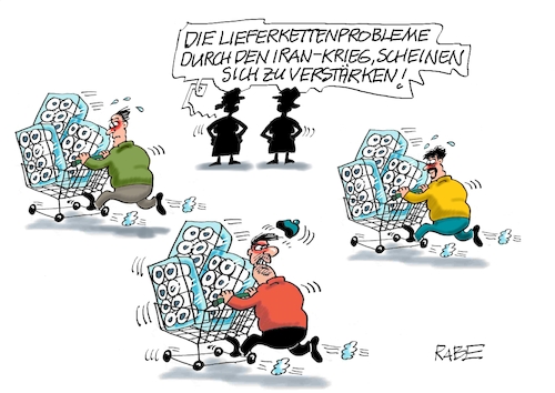 Cartoon: Lieferkettenengpass (medium) by RABE tagged merz,kanzler,koalition,union,spd,klingbeil,cartoon,karikatur,pressezeichnung,farbcartoon,tagescartoon,db,bahn,frühling,frühjahr,frühjahrsputz,ice,zug,blumenkasten,blumenkästen,engpass,lieferkette,iran,irankrieg,usa,trump,blockade,schiffsverkehr,klopapier,toilettenpapier,klopapierrollen,korbwagen,supermarkt,merz,kanzler,koalition,union,spd,klingbeil,cartoon,karikatur,pressezeichnung,farbcartoon,tagescartoon,db,bahn,frühling,frühjahr,frühjahrsputz,ice,zug,blumenkasten,blumenkästen,engpass,lieferkette,iran,irankrieg,usa,trump,blockade,schiffsverkehr,klopapier,toilettenpapier,klopapierrollen,korbwagen,supermarkt