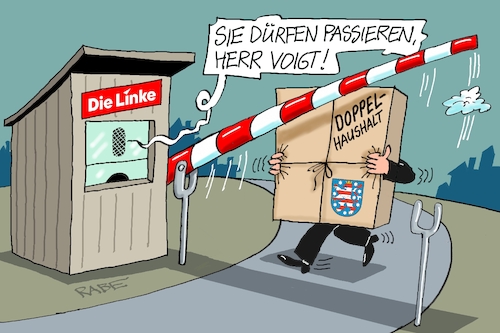 Cartoon: Links passieren (medium) by RABE tagged merz,union,kanzler,fritze,koalition,spd,klingbeil,bundesregierung,rabe,ralf,böhme,cartoon,karikatur,pressezeichnung,farbcartoon,tagescartoon,trump,putin,krisen,tv,nachrichten,waschmaschine,voigt,thühringen,ministerpräsident,erfurt,haushalt,doppelhaushalt,linke,bsw,brombeer,brombeerkoalition,schranke,schlagbaum,passierschein,merz,union,kanzler,fritze,koalition,spd,klingbeil,bundesregierung,rabe,ralf,böhme,cartoon,karikatur,pressezeichnung,farbcartoon,tagescartoon,trump,putin,krisen,tv,nachrichten,waschmaschine,voigt,thühringen,ministerpräsident,erfurt,haushalt,doppelhaushalt,linke,bsw,brombeer,brombeerkoalition,schranke,schlagbaum,passierschein