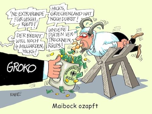 Cartoon: Maibock (medium) by RABE tagged sonderparteitag,spd,martin,schulz,ja,groko,koalitionsverhandlungen,rabe,ralf,böhme,cartoon,karikatur,pressezeichnung,farbcartoon,tagescartoon,merkel,haushalt,haushaltsdebatte,olaf,scholz,bundesfinanzminister,euro,milliarden,brexit,griechenland,uschi,bundeswehr,diäten,michel,zapfhahn,geldscheine,bockbier,maibock,bockbieranstich,sonderparteitag,spd,martin,schulz,ja,groko,koalitionsverhandlungen,rabe,ralf,böhme,cartoon,karikatur,pressezeichnung,farbcartoon,tagescartoon,merkel,haushalt,haushaltsdebatte,olaf,scholz,bundesfinanzminister,euro,milliarden,brexit,griechenland,uschi,bundeswehr,diäten,michel,zapfhahn,geldscheine,bockbier,maibock,bockbieranstich