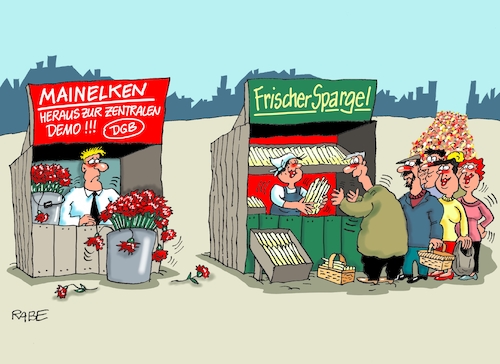 Cartoon: Mainelken (medium) by RABE tagged dgb,gewerkschaften,mai,maidemonstration,maiumzug,arbeit,kampftag,rabe,ralf,böhme,cartoon,karikatur,pressezeichnung,farbcartoon,tagescartoon,mainelken,straßendemo,spargel,spargelzeit,spargelernte,spargelspitzen,dgb,gewerkschaften,mai,maidemonstration,maiumzug,arbeit,kampftag,rabe,ralf,böhme,cartoon,karikatur,pressezeichnung,farbcartoon,tagescartoon,mainelken,straßendemo,spargel,spargelzeit,spargelernte,spargelspitzen