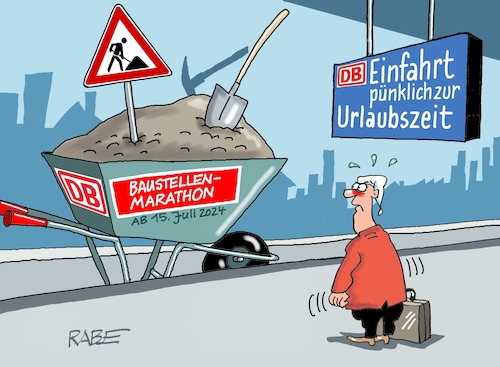 Cartoon: Marathon (medium) by RABE tagged ampel,ampelregierung,rot,grün,gelb,fdp,spd,grüne,rabe,ralf,böhme,cartoon,karikatur,pressezeichnung,farbcartoon,tagescartoon,lindner,haushaltsdebatte,haushaltsloch,ice,eisenbahn,db,bahn,generalsanierung,baustellenmarathon,baustelle,sanierung,bahnkunde,kunde,reisende,urlaub,urlaubszeit,gleisarbeiten,verspätung,umleitung,schubkarre,ampel,ampelregierung,rot,grün,gelb,fdp,spd,grüne,rabe,ralf,böhme,cartoon,karikatur,pressezeichnung,farbcartoon,tagescartoon,lindner,haushaltsdebatte,haushaltsloch,ice,eisenbahn,db,bahn,generalsanierung,baustellenmarathon,baustelle,sanierung,bahnkunde,kunde,reisende,urlaub,urlaubszeit,gleisarbeiten,verspätung,umleitung,schubkarre