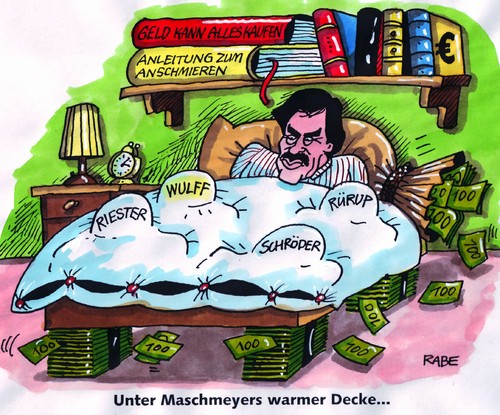 Cartoon: Maschmayerei (medium) by RABE tagged hannover,landtag,unternehmerehepaar,unternehmerfreund,annonce,zeitungsanzeige,anzeigenkampagne,wulffbuch,urlaub,privatkredit,kredit,euro,geerkes,landtagswahl,niedersachsen,bettina,cdu,staatsoberhaupt,bundespräsident,wulff,korruption,bestechung,geldscheine,bettdecke,bett,ministerpräsident,privatvermögen,maschmeyer,wulff,bundespräsident,staatsoberhaupt,cdu,geerkes,euro,kredit,privatkredit