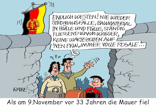 Cartoon: Mauerfall (medium) by RABE tagged gas,gassparen,gasnotstand,gasgeben,sanktionen,gasspeicher,gasheizung,rabe,ralf,böhme,cartoon,karikatur,pressezeichnung,farbcartoon,tagescartoon,robert,habeck,putin,ukrainekrieg,wumms,doppelwumms,mauerfall,grenzöffnung,osten,westen,einheit,ossi,wessi,zonengrenze,pkw,regalle,hülle,fülle,warmwasser,ddr,fahne,ostländer,westländer,gas,gassparen,gasnotstand,gasgeben,sanktionen,gasspeicher,gasheizung,rabe,ralf,böhme,cartoon,karikatur,pressezeichnung,farbcartoon,tagescartoon,robert,habeck,putin,ukrainekrieg,wumms,doppelwumms,mauerfall,grenzöffnung,osten,westen,einheit,ossi,wessi,zonengrenze,pkw,regalle,hülle,fülle,warmwasser,ddr,fahne,ostländer,westländer