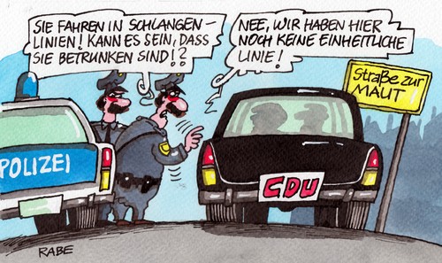 Cartoon: Maut (medium) by RABE tagged csu,seehofer,vignette,maut,cdu,merkel,kanzlerin,autobahn,autofahrer,ausländer,pkw,straße,rabe,ralf,böhme,cartoon,karikatur,pressezeichnung,farbcartoon,uneinigkeit,koalitionsverhandlungen,ramsauer,verkehrsminister,eu,brüssel,schlangenlinien,polizei,steuer,alkohol,alkoholkontrolle,pusteröhrchen,einheitlichkeit,einheit,polizeikontrolle,polizeiauto,maut,vignette,seehofer,csu,cdu,merkel,kanzlerin,autobahn,autofahrer,ausländer,pkw,straße,rabe,ralf,böhme,cartoon,karikatur,pressezeichnung,farbcartoon,uneinigkeit,koalitionsverhandlungen,ramsauer,verkehrsminister,eu,brüssel,schlangenlinien,polizei,steuer,alkohol,alkoholkontrolle,pusteröhrchen,einheitlichkeit,einheit,polizeikontrolle,polizeiauto