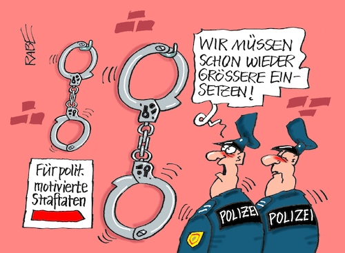 Cartoon: Maxihandschellen (medium) by RABE tagged straftaten,verbrechen,statistik,krininalstatistik,täter,opfer,linke,rechte,rabe,ralf,böhme,cartoon,karikatur,pressezeichnung,farbcartoon,tagescartoon,polizei,polizisten,handschellen,fesseln,kriminalisten,straftaten,verbrechen,statistik,krininalstatistik,täter,opfer,linke,rechte,rabe,ralf,böhme,cartoon,karikatur,pressezeichnung,farbcartoon,tagescartoon,polizei,polizisten,handschellen,fesseln,kriminalisten