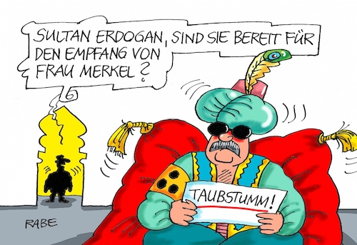 Cartoon: Merkel Erdogan (medium) by RABE tagged erdogan,brüssel,eu,flüchtlinge,flüchtlingsdeal,flüchtlinglager,öffnung,flüchtlingsstrom,sultan,sultanat,rabe,ralf,böhme,cartoon,karikatur,pressezeichnung,farbcartoon,kissen,harem,türkei,istanbul,deal,merkel,kanzlerin,staatsbesuch,abkommen,menschenrechte,pressefreiheit,putsch,blind,taubstumm,erdogan,brüssel,eu,flüchtlinge,flüchtlingsdeal,flüchtlinglager,öffnung,flüchtlingsstrom,sultan,sultanat,rabe,ralf,böhme,cartoon,karikatur,pressezeichnung,farbcartoon,kissen,harem,türkei,istanbul,deal,merkel,kanzlerin,staatsbesuch,abkommen,menschenrechte,pressefreiheit,putsch,blind,taubstumm