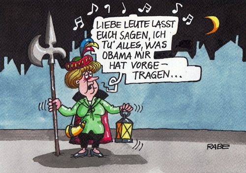 Cartoon: Merkel Nachtwächter Eins (medium) by RABE tagged merkel,kanzlerin,deutschland,cdu,obama,usa,präsident,washington,staatsbesuch,nsa,nsaaffäre,freihandelsabkommen,ukrainekrise,rabe,ralf,böhme,cartoon,karikatur,pressezeichnung,farbcartoon,nachtwächter,helmbarde,hellebarde,mond,laterne,merkel,kanzlerin,deutschland,cdu,obama,usa,präsident,washington,staatsbesuch,nsa,nsaaffäre,freihandelsabkommen,ukrainekrise,rabe,ralf,böhme,cartoon,karikatur,pressezeichnung,farbcartoon,nachtwächter,helmbarde,hellebarde,mond,laterne