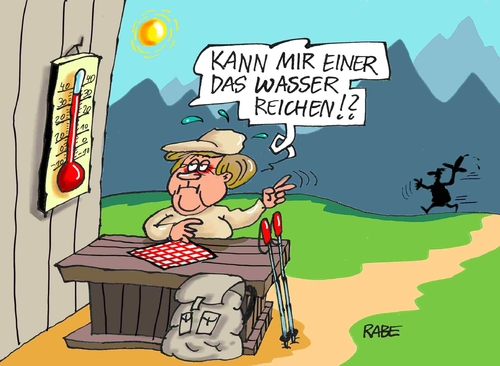 Cartoon: Merkel Urlaub (medium) by RABE tagged merkel,urlaub,kanzlerin,berge,tirol,kanzlerkandidatur,wandern,wahlkampf,rabe,ralf,böhme,cartoon,karikatur,pressezeichnung,farbcartoon,tagescartoon,alpen,durst,wasser,trinken,thermometer,hitze,merkel,urlaub,kanzlerin,berge,tirol,kanzlerkandidatur,wandern,wahlkampf,rabe,ralf,böhme,cartoon,karikatur,pressezeichnung,farbcartoon,tagescartoon,alpen,durst,wasser,trinken,thermometer,hitze