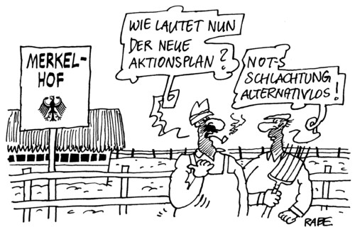 Cartoon: Merkelhof (medium) by RABE tagged merkel,kanzlerin,verbraucherschutz,aigner,verbraucherschutzministerin,euro,finanzen,krise,dioxinskandal,futtermittel,ernährung,schlachthof,bauernhof,notschlachtung,hühner,schweine,umweltbewußtsein,aktionsplan,aigner,merkel,kanzlerin,bundesregierung,notschlachtung,schlachthof,bauernhof,finanzen,verbraucher,verbraucherschutz,verbraucherschutzministerin