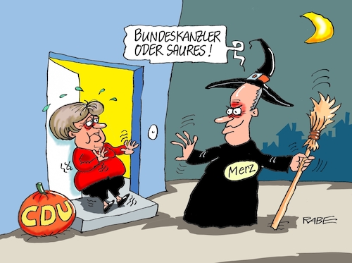 Cartoon: Merz Merkel Bundeskanzler (medium) by RABE tagged merkel,parteivorsitz,rücktritt,bewerber,friedrich,merz,spahn,kramp,karrenbauer,hessenwahl,bayernwahl,kanzlerposten,cdu,rabe,ralf,böhme,cartoon,karikatur,pressezeichnung,farbcartoon,tagescartoon,halloween,gruselkostüm,süßes,saures,kürbis,merkel,parteivorsitz,rücktritt,bewerber,friedrich,merz,spahn,kramp,karrenbauer,hessenwahl,bayernwahl,kanzlerposten,cdu,rabe,ralf,böhme,cartoon,karikatur,pressezeichnung,farbcartoon,tagescartoon,halloween,gruselkostüm,süßes,saures,kürbis