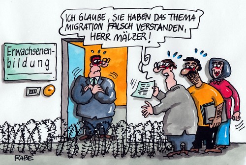 Cartoon: Migranten (medium) by RABE tagged migranten,bildung,ausländer,integration,schule,erwachsenenbildung,gewerkschaften,unterricht,rabe,ralf,böhme,cartoon,karikatur,pressezeichnung,farbcartoon,schüler,studierende,migrationshintergrund,bildungsbereich,diskriminierung,benachteiligung,bildungserfolg,griechen,türken,afrikaner,südländer,stacheldraht,migranten,bildung,ausländer,integration,schule,erwachsenenbildung,gewerkschaften,unterricht,rabe,ralf,böhme,cartoon,karikatur,pressezeichnung,farbcartoon,schüler,studierende,migrationshintergrund,bildungsbereich,diskriminierung,benachteiligung,bildungserfolg,griechen,türken,afrikaner,südländer,stacheldraht