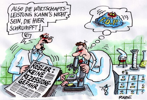 Cartoon: Mikroskopisches (medium) by RABE tagged rezession,rezessionsgefahr,krise,wirtschaftskrise,euro,schulden,konjunkturkrise,fdp,rösler,liberale,parteispitze,westerwelle,bahr,lindner,brüderle,bundesregierung,koalition,schwarzgelb,kanzlerin,merkel,cdu,parteienkrise,postengerangel,wirtschaftsleistung,schrumpfung,labor,laborversuch,versuch,versuchslabor,chemiker,biologen,mikrobiologie,professor,uni,institut,wirtschaftsforschung,rezession,rezessionsgefahr,wirtschaftskrise,euro,schulden,konjunkturkrise,fdp,rösler,liberale