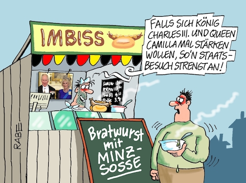 Cartoon: Minziges (medium) by RABE tagged staatsbesuch,deutschland,england,steinmeier,könig,charles,thronfolger,queen,camilla,rabe,ralf,böhme,cartoon,karikjatur,pressezeichnung,farbcartoon,tagescartoon,imbiss,imbiß,imbißstand,imbissbude,bratwurst,roster,rostbratwurst,thüringen,staatsbesuch,deutschland,england,steinmeier,könig,charles,thronfolger,queen,camilla,rabe,ralf,böhme,cartoon,karikjatur,pressezeichnung,farbcartoon,tagescartoon,imbiss,imbiß,imbißstand,imbissbude,bratwurst,roster,rostbratwurst,thüringen